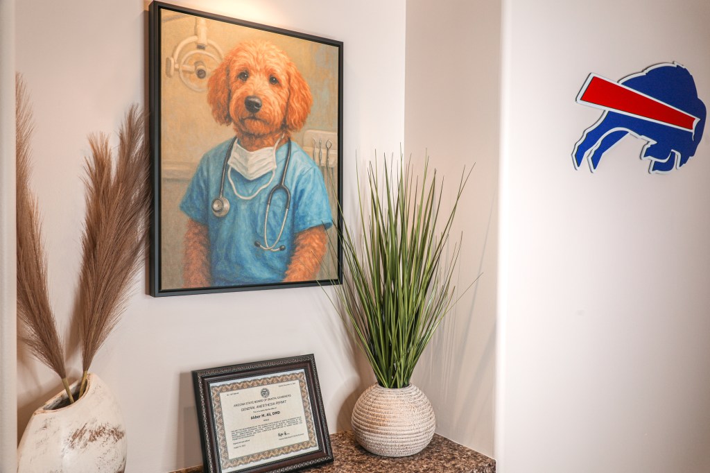 Framed portrait of dog in scrubs next to plant and certificate